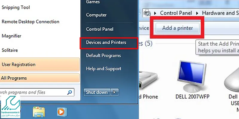 مسیر Start > Devices and Printers > add a printer