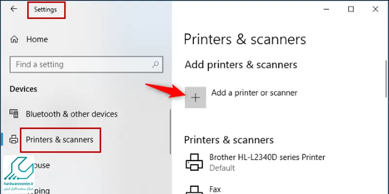 مسیر Start > setting > devices > printers & Scanner > add a printer or scanner