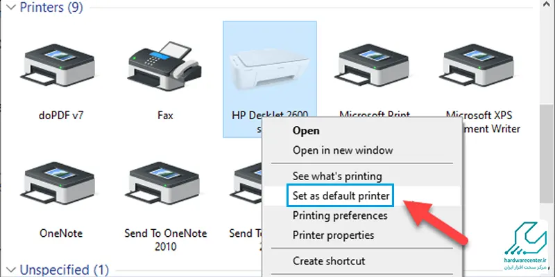 انتخال گزینه Set as default printer